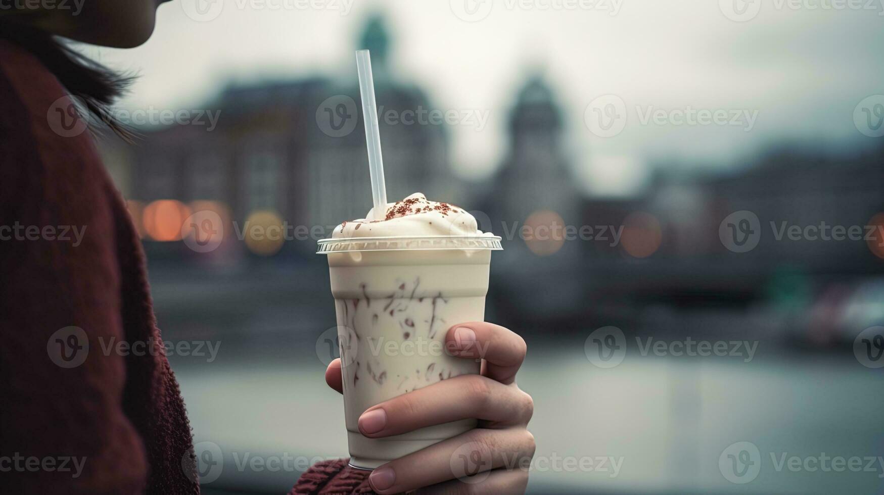 hombre participación un claro el plastico taza con un delicioso frapé con un Paja en un borroso antecedentes de un ciudad río foto