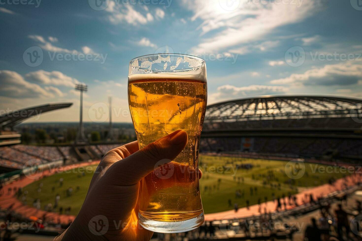 Glass of beer in hand at the stadium with the playing field in the background photo