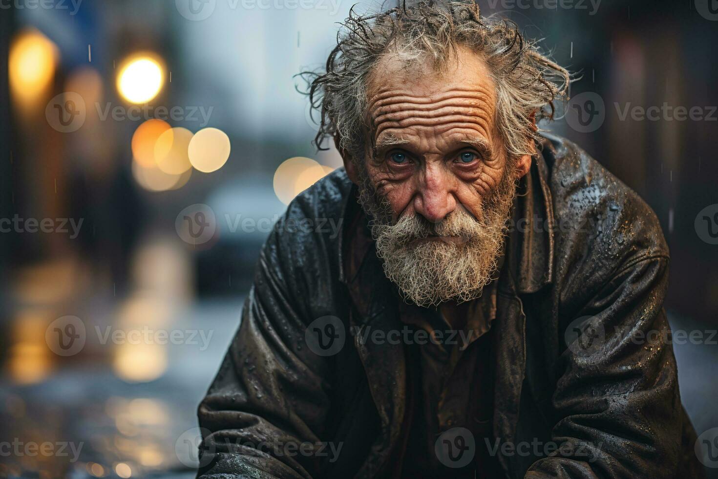 elderly sad gray haired homeless man in the rain in the city on blurry bokeh background photo