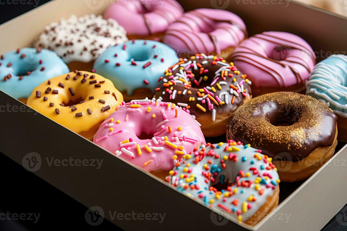 Delicious sweet donuts with colorful icing and sprinkles in a cardboard box. photo