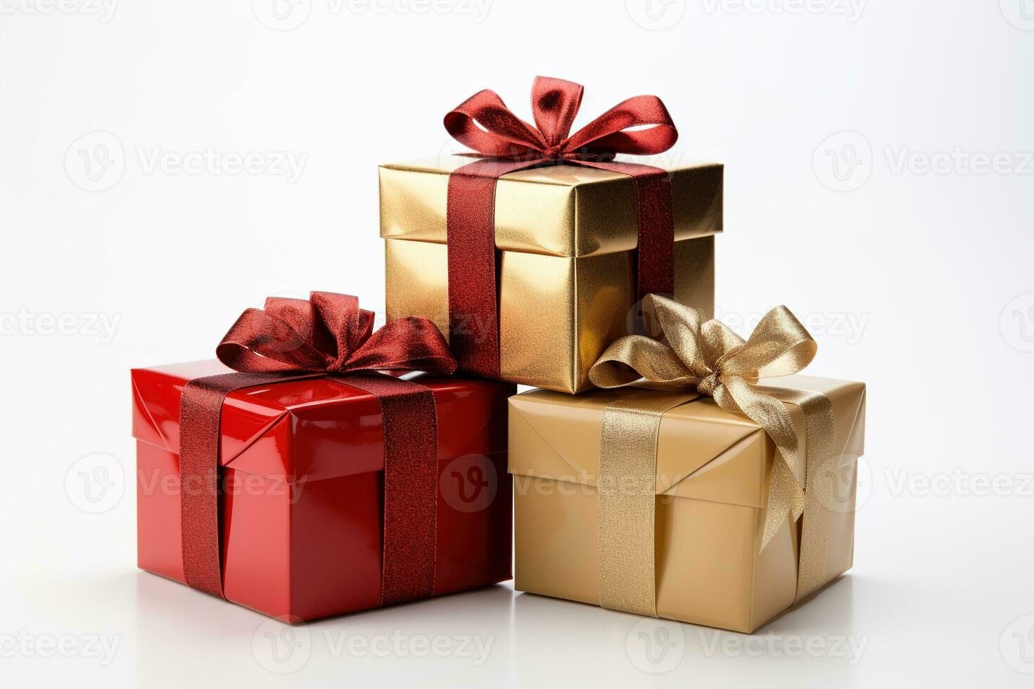 Three gift boxes wrapped in red gold shiny decorative paper tied with ribbons on white background photo