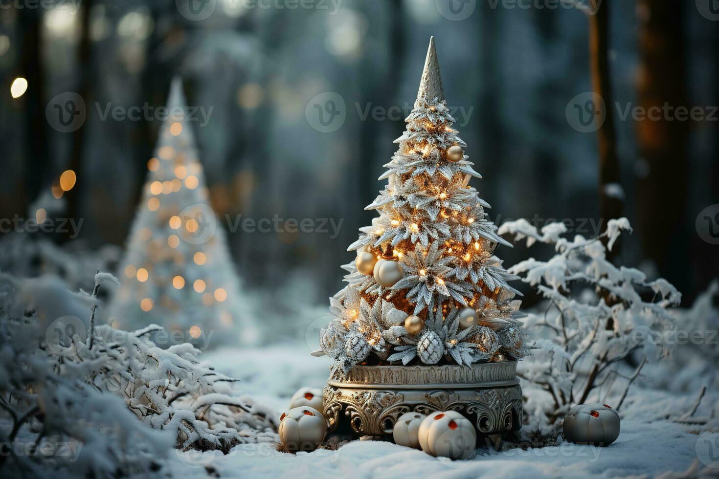 Cute decorated golden glowing Christmas tree in winter snowy forest photo