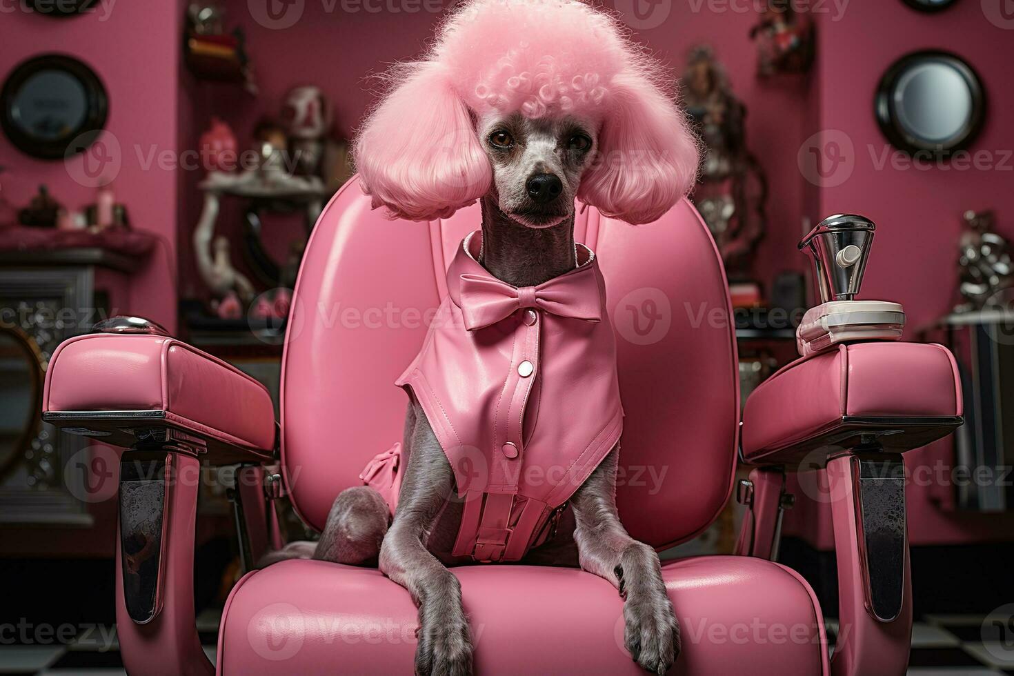 cute fashionable gray dog with fluffy pastel pink hair in a pink shirt sits on a leather chair photo