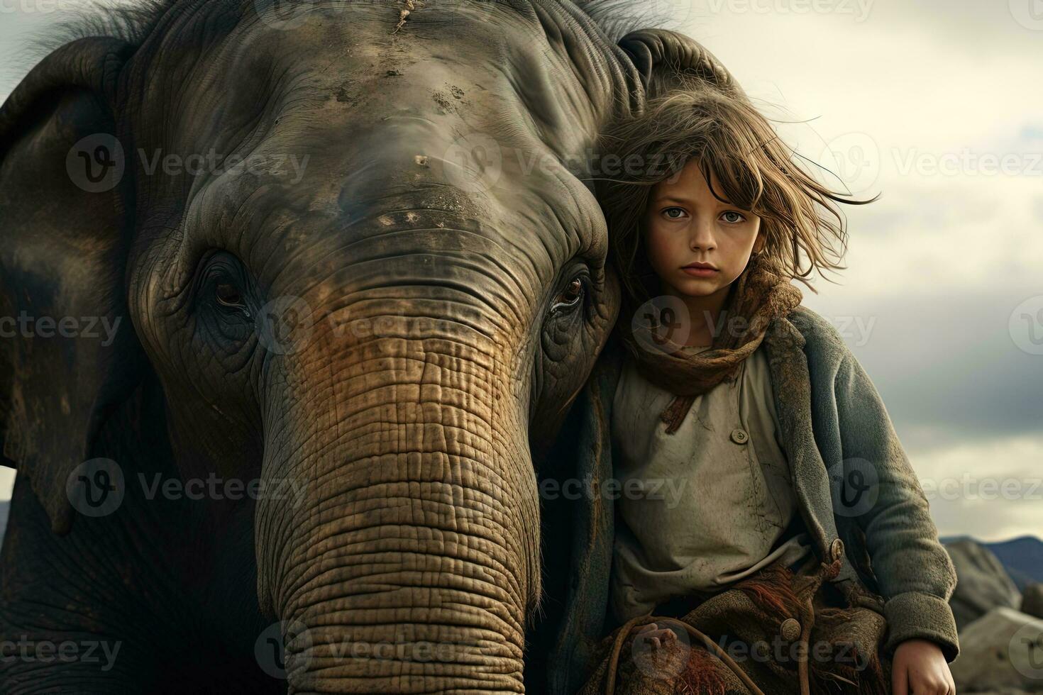 Little sad homeless teenage girl in dirty clothes sits with a gray baby elephant photo