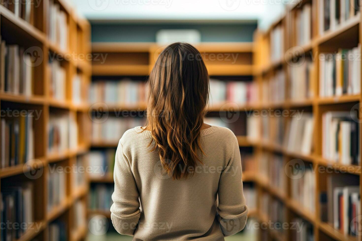 view from the back of a young woman with wavy hair in a light sweater stands in a bookstore among the shelves with books, generative ai photo