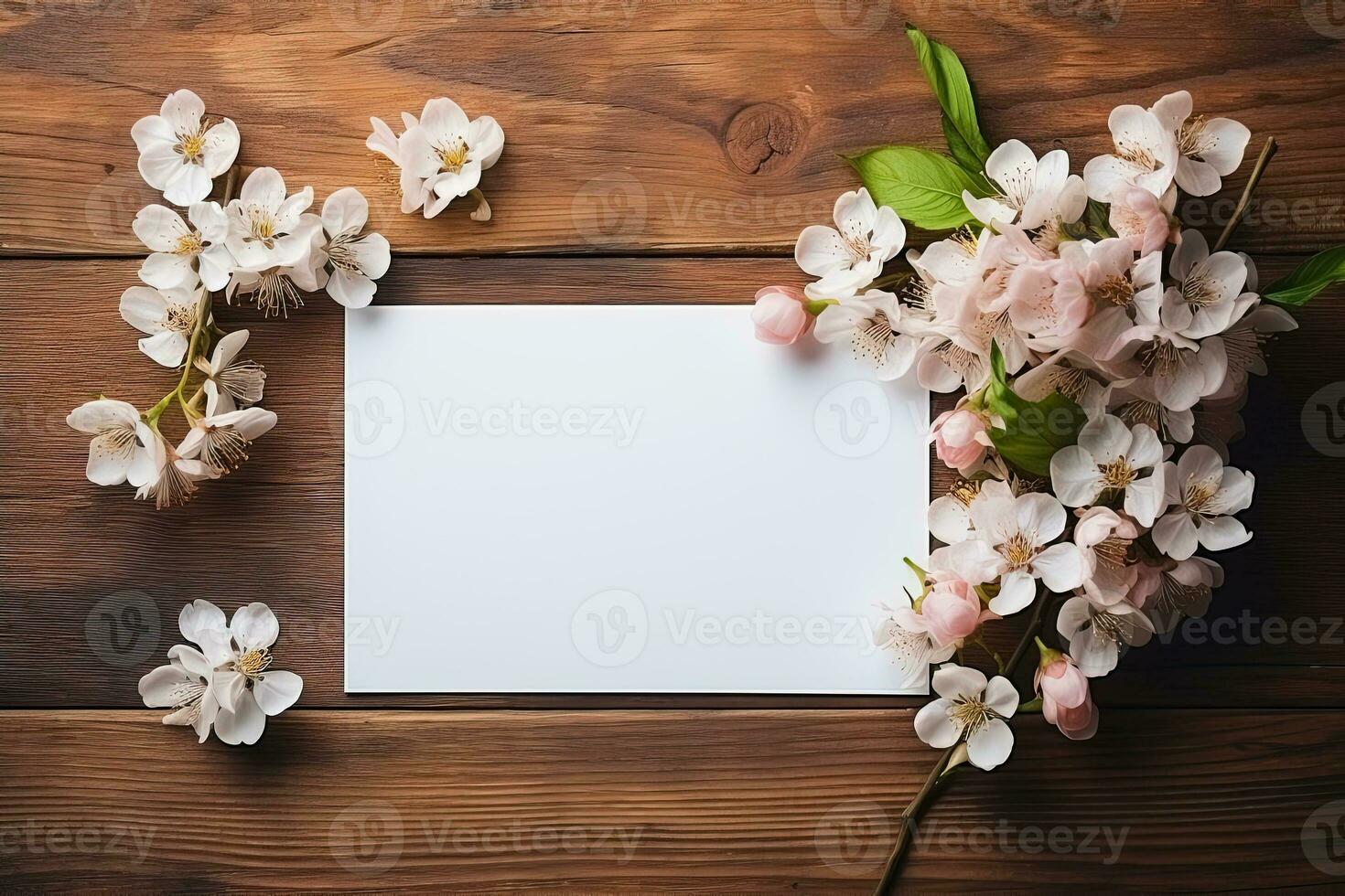 blank card mockup on wooden background surrounded by flowers, template white sheet of paper for design photo