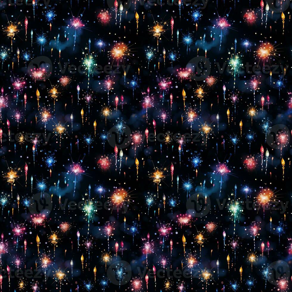 seamless pattern of bright multicolored glowing fireworks on a dark background photo