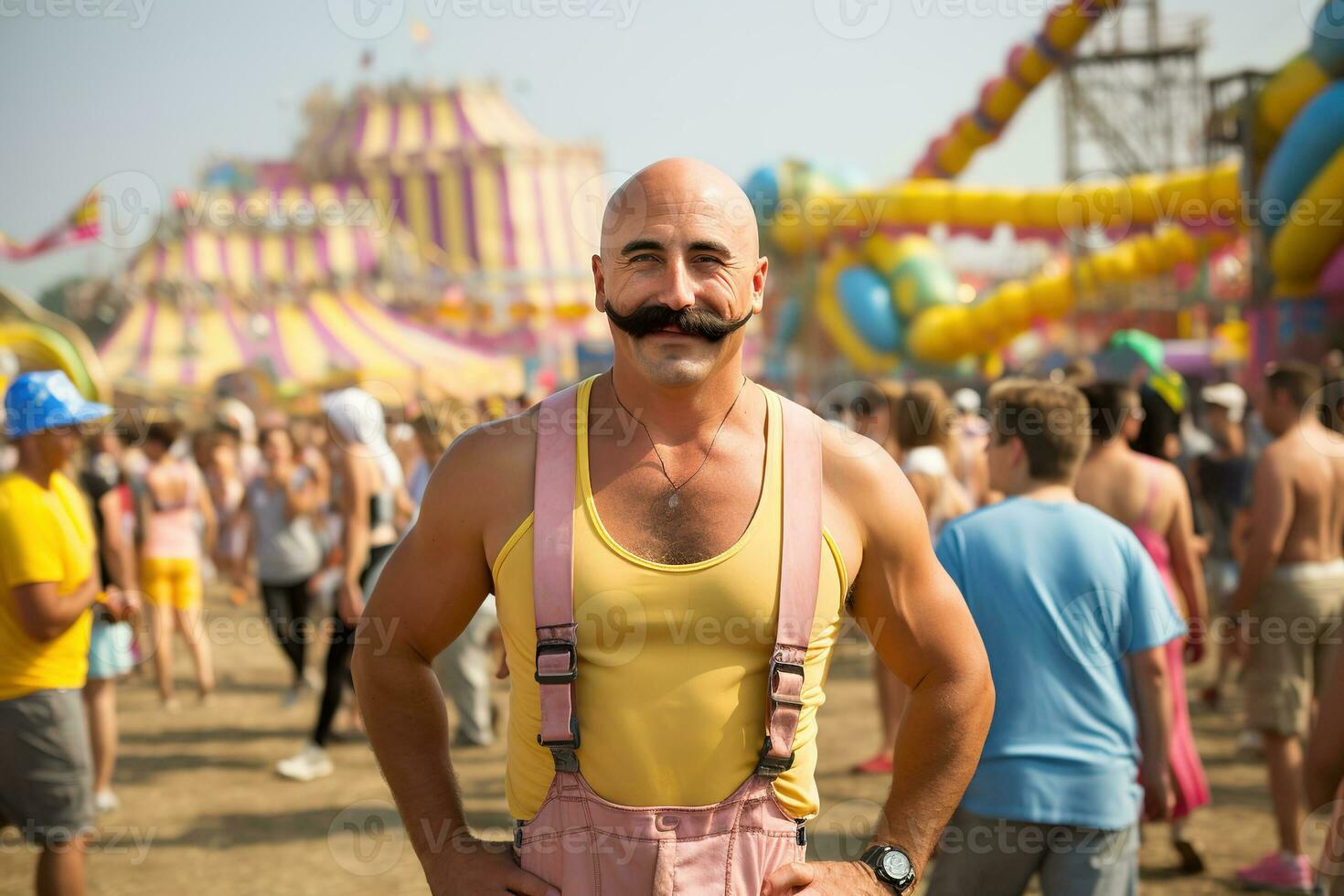 Portrait of a strong moustached smiling athlete in a yellow singlet at a fair photo