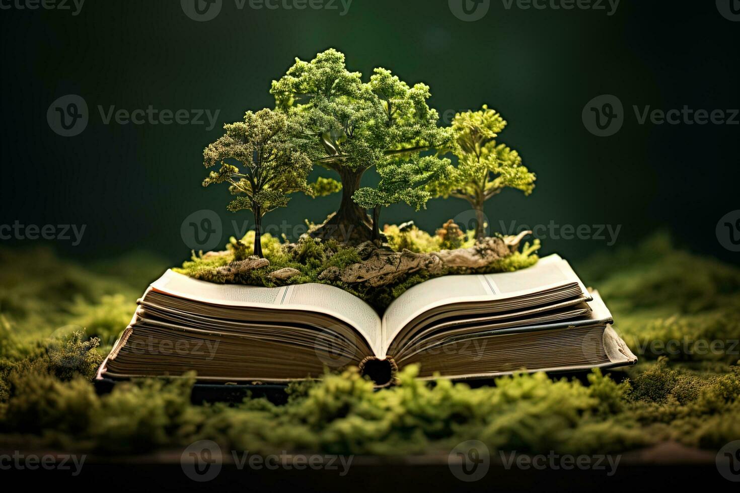 An open book from the pages of which a tree grows. Concept of knowledge, imagination and fantasy photo