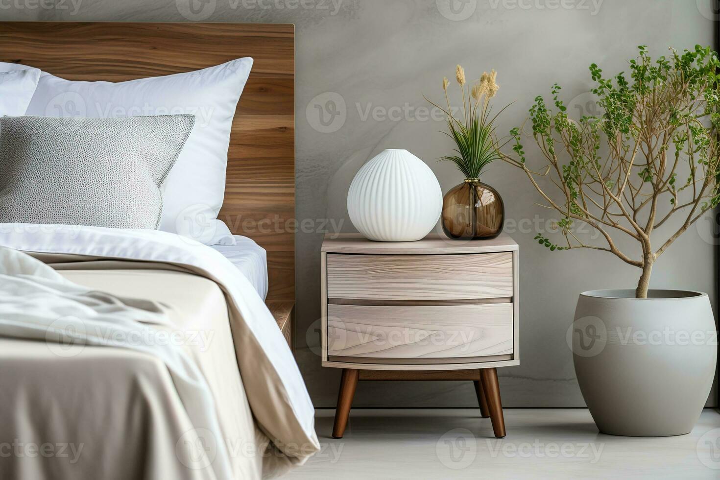 Cozy pastel colored bedroom interior in with a wooden bedside table and a plant on it photo
