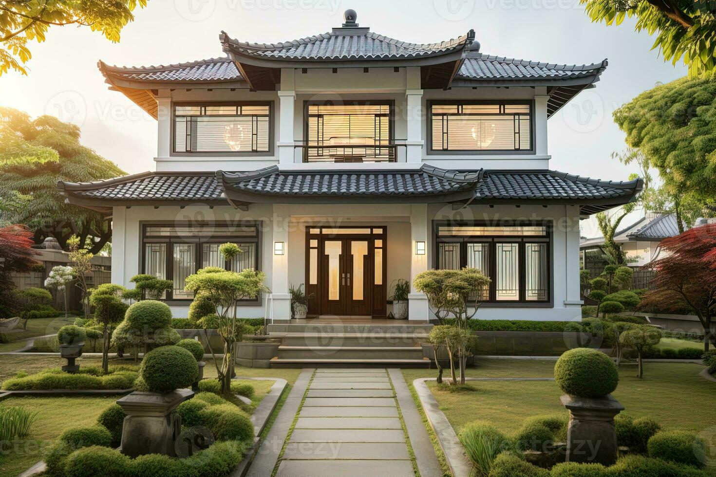 A two story Japanese style residential building with a green courtyard and trees. Real estate concept photo