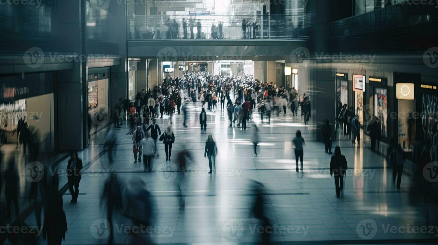 People in motion are blurred on the ground floor of a shopping center. View above the crowd photo