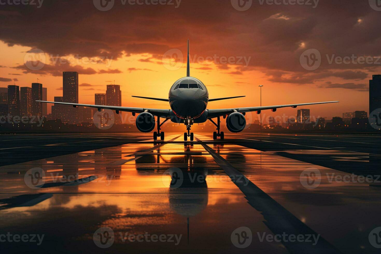 A large airplane landing on airport runway at sunset or dawn photo