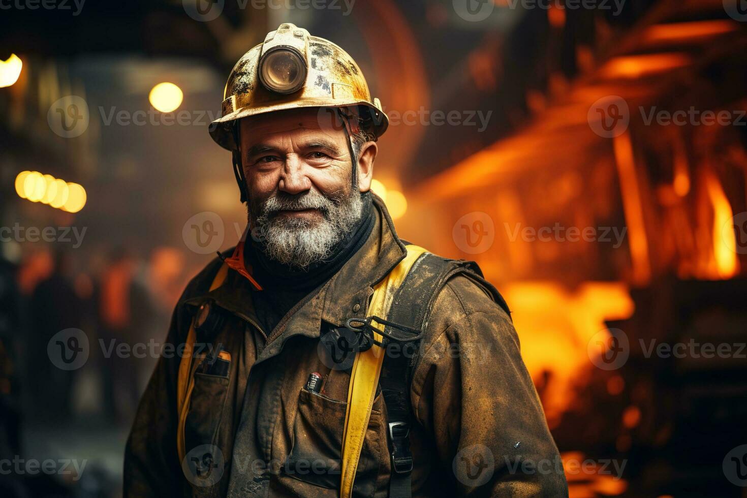 Portrait of a middle aged miner on a working mine background, generative ai photo