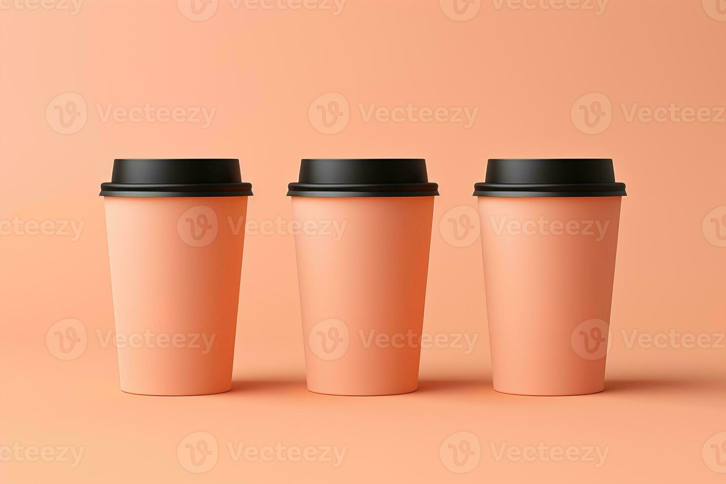 Three identical cardboard cups with black lids for coffee to go on a pink and beige background photo