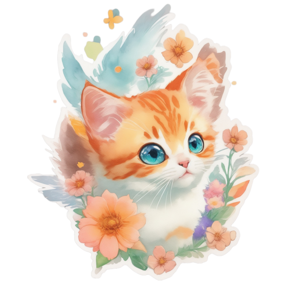 Cute Cat With Flower Sticker Style Png Transparent Background Ai Generative
