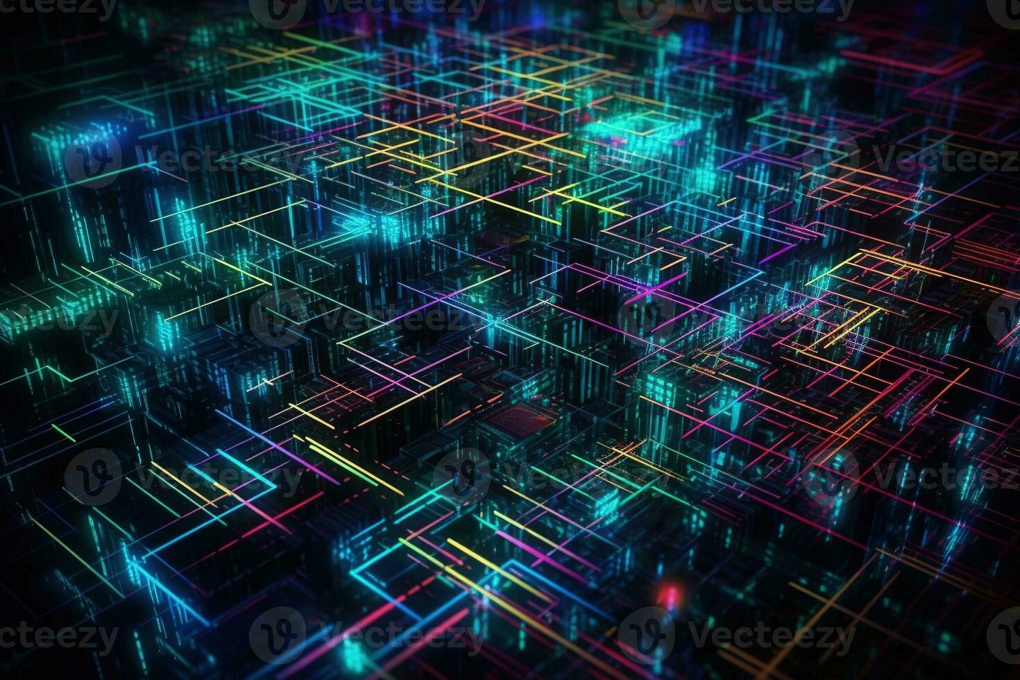 abstract volumetric cyberpunk digital matrix blocks neon glowing background photo