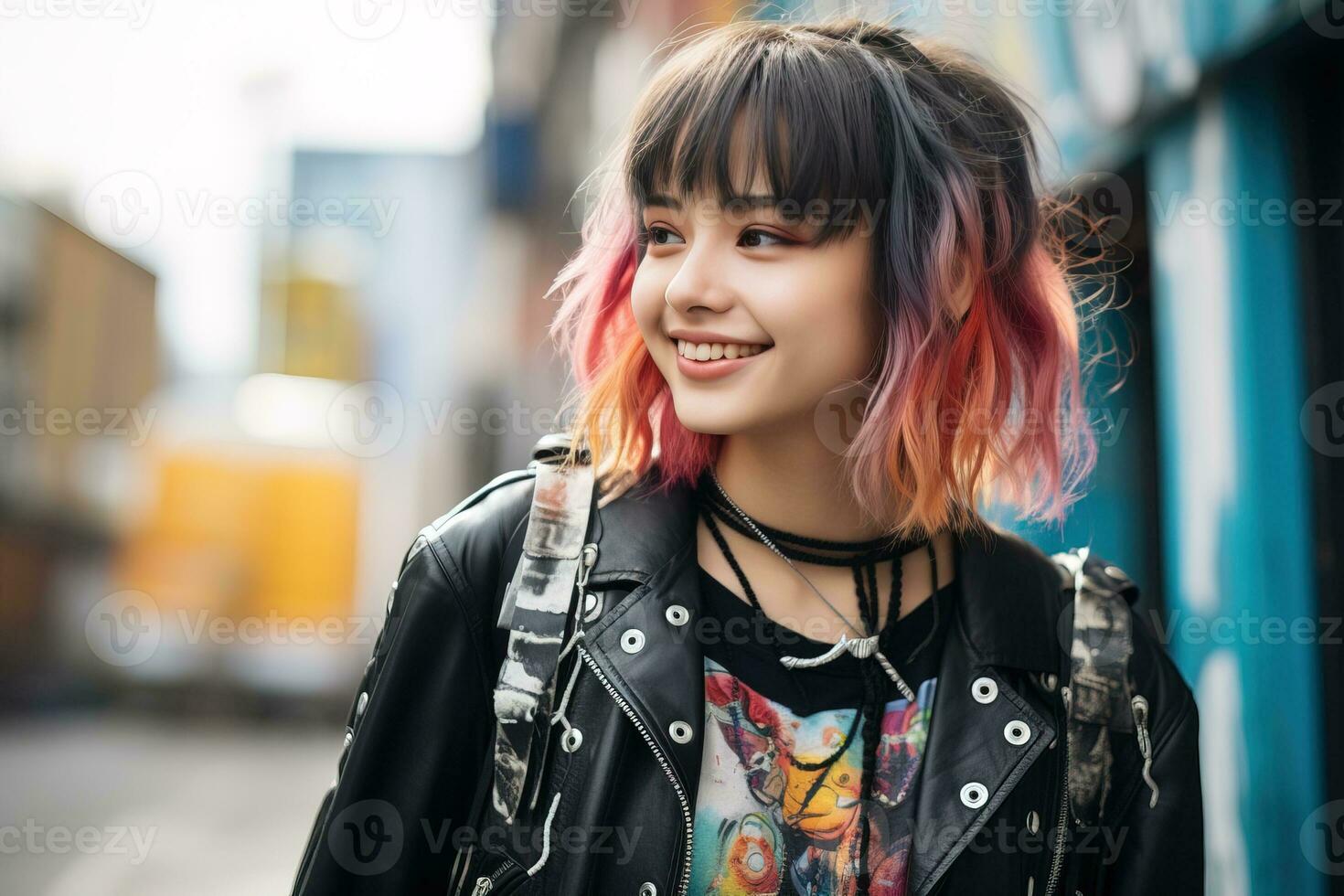 joven adorable japonés punk niña en cuero chaqueta sonriente en ciudad calle foto