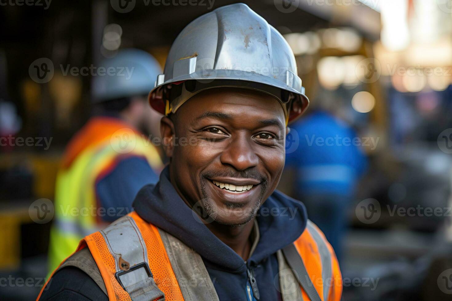 Adult smiling african american builder wearing grey hard hat on a street photo