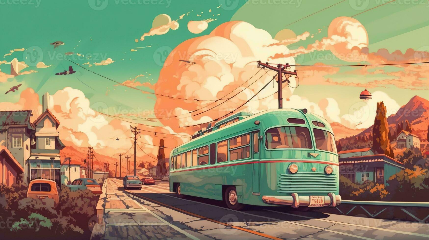 vintage travel, digital art illustration, Generative AI photo