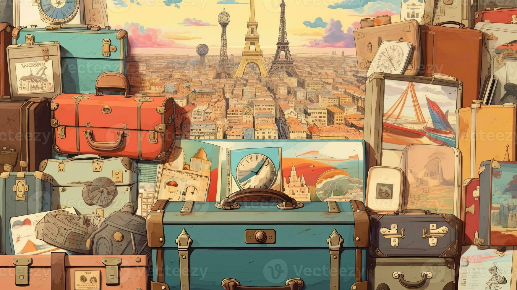 vintage travel, digital art illustration, Generative AI photo