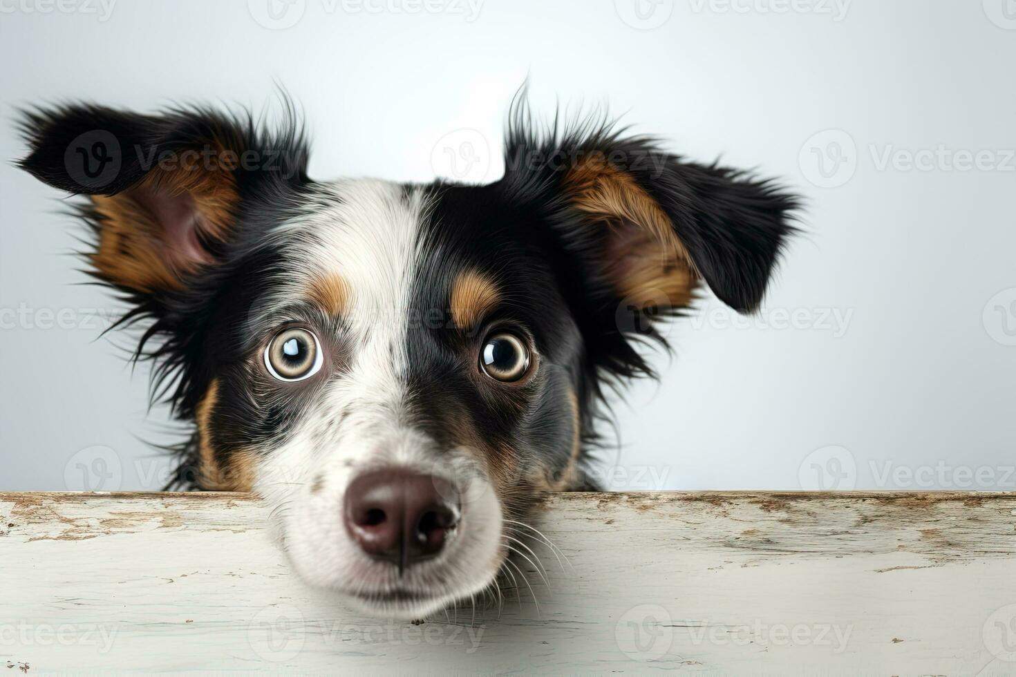 Close up portrait of a cute young dog peeking out of a white wooden plank photo