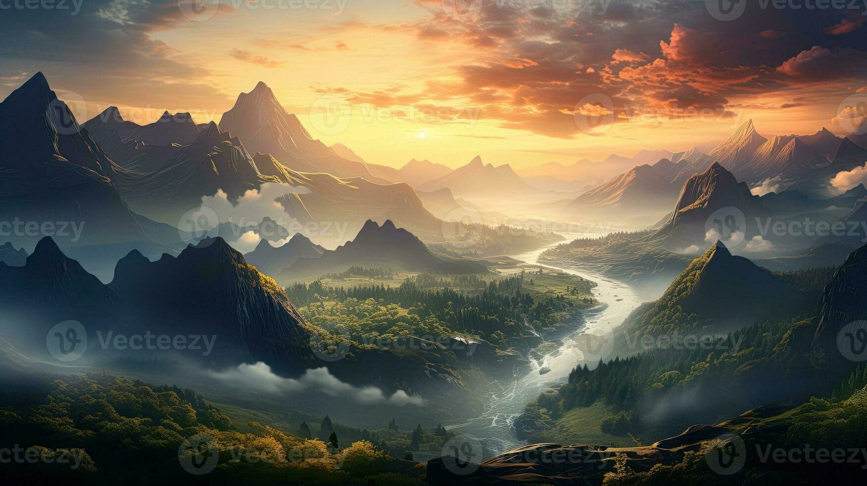 aerial view of a beautiful landscape of a mountain valley with a river at sunrise or sunset in the fog photo