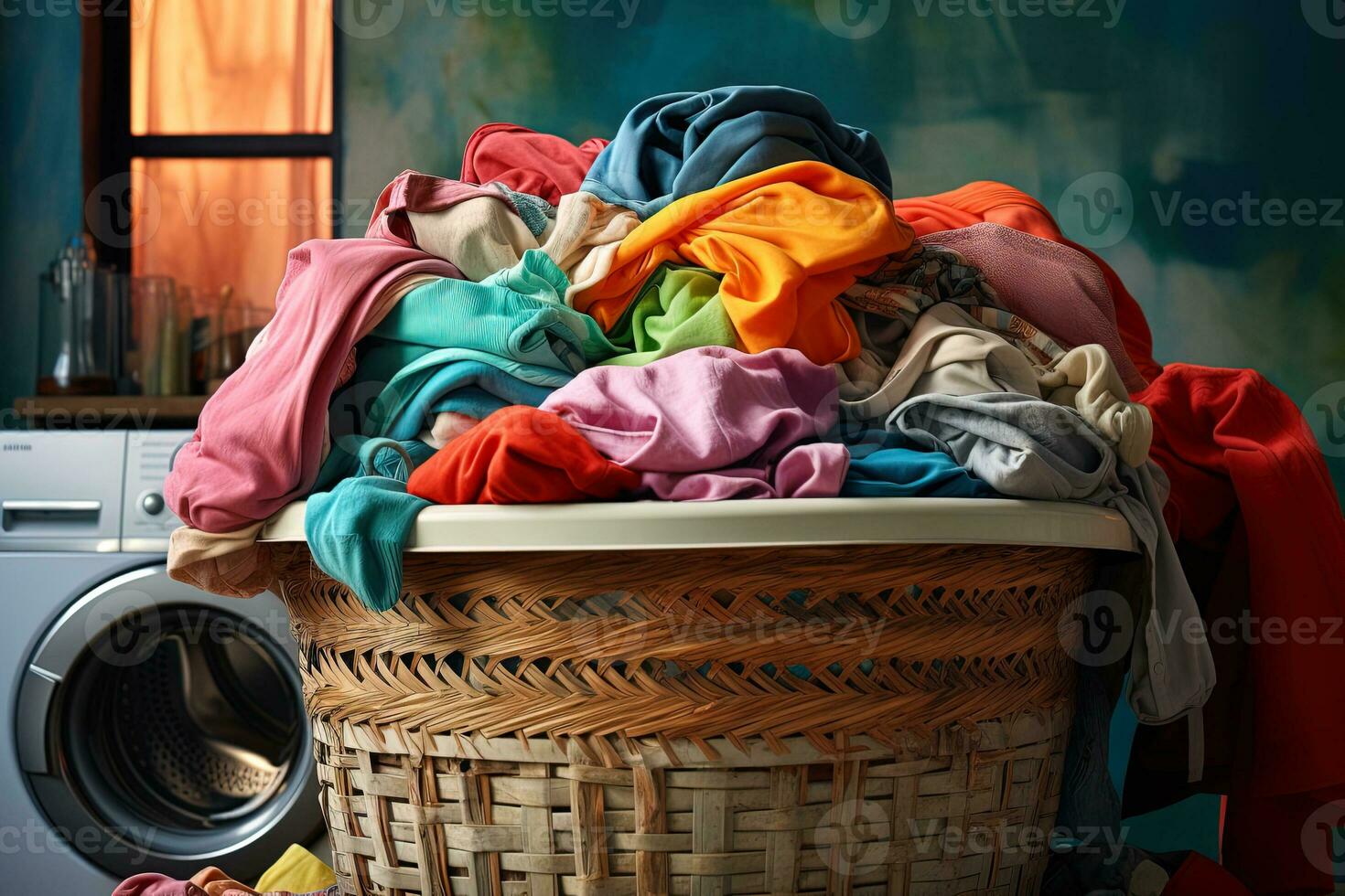 A pile of colored clothes in a laundry basket ready to be washed with a washing machine in the background photo