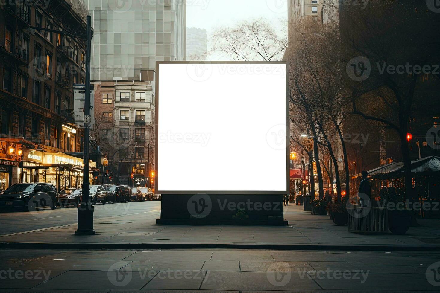 big white blank advertising screen on a evening street of a city. Mock up or copyspace photo