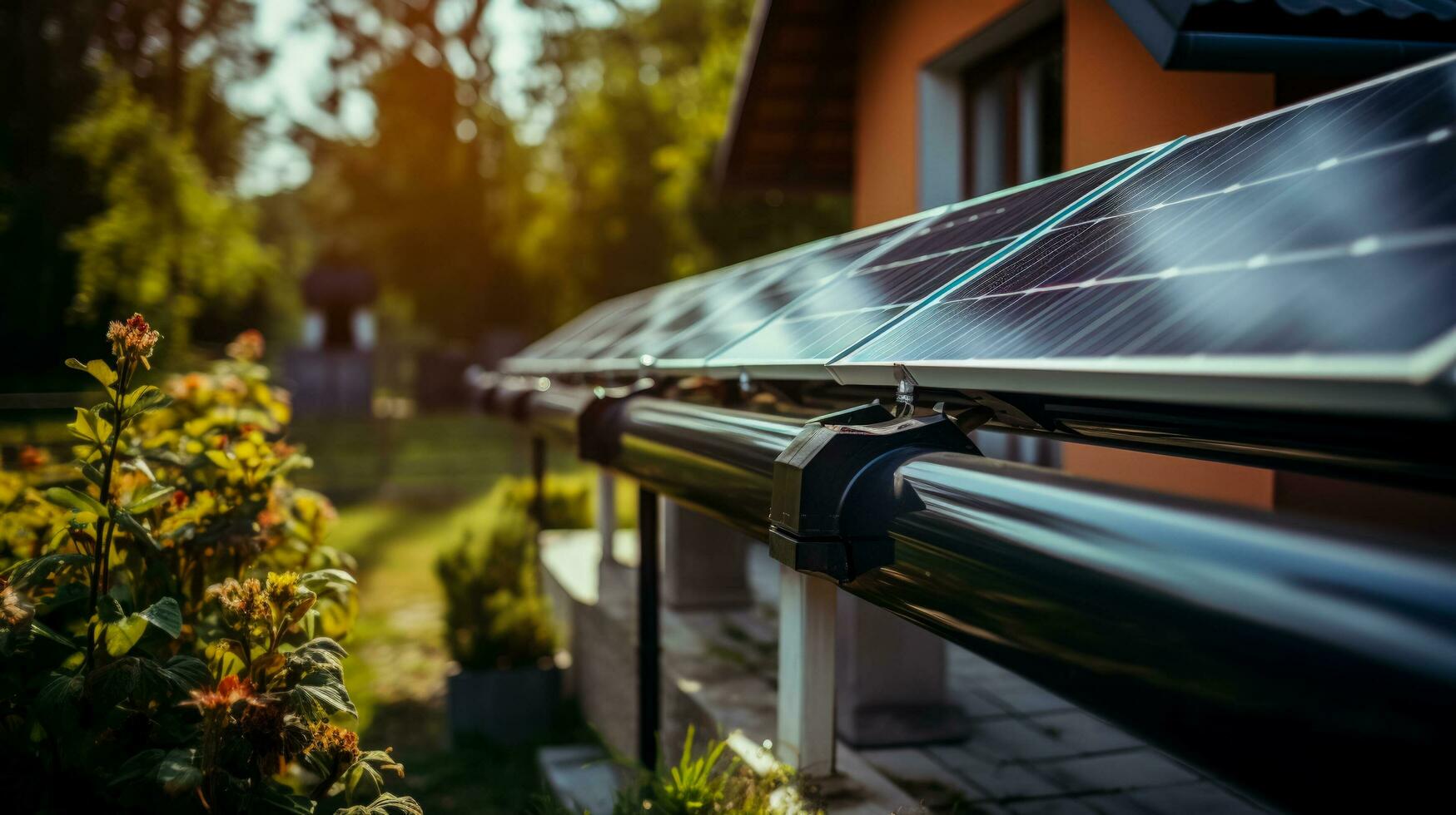 Solar water heaters on suburban homes background with empty space for text photo