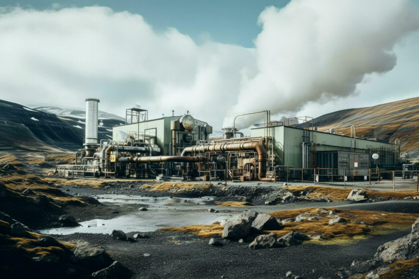 Remote geothermal energy facility extracting heat from underground in desolate terrain photo