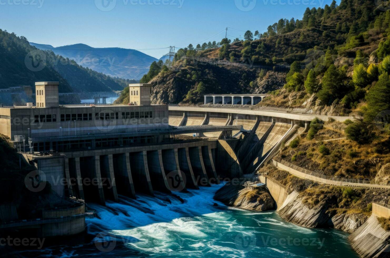 Hydroelectric plant nestled amidst rugged mountains harnessing powerful river waters photo