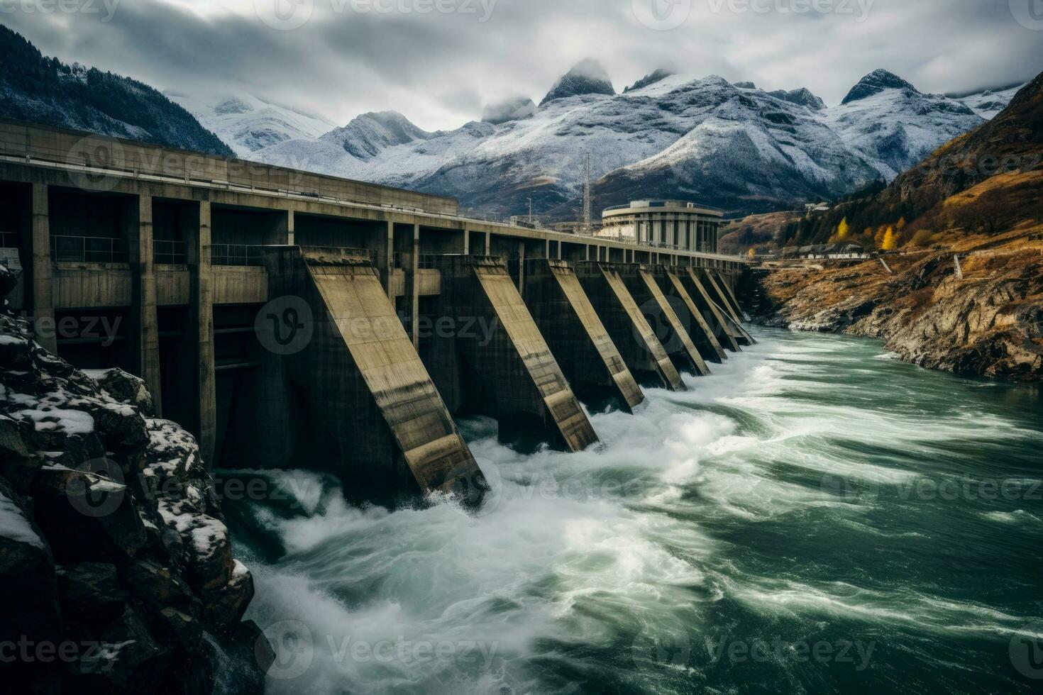 High altitude dam generating hydroelectric power amidst snow capped mountains photo