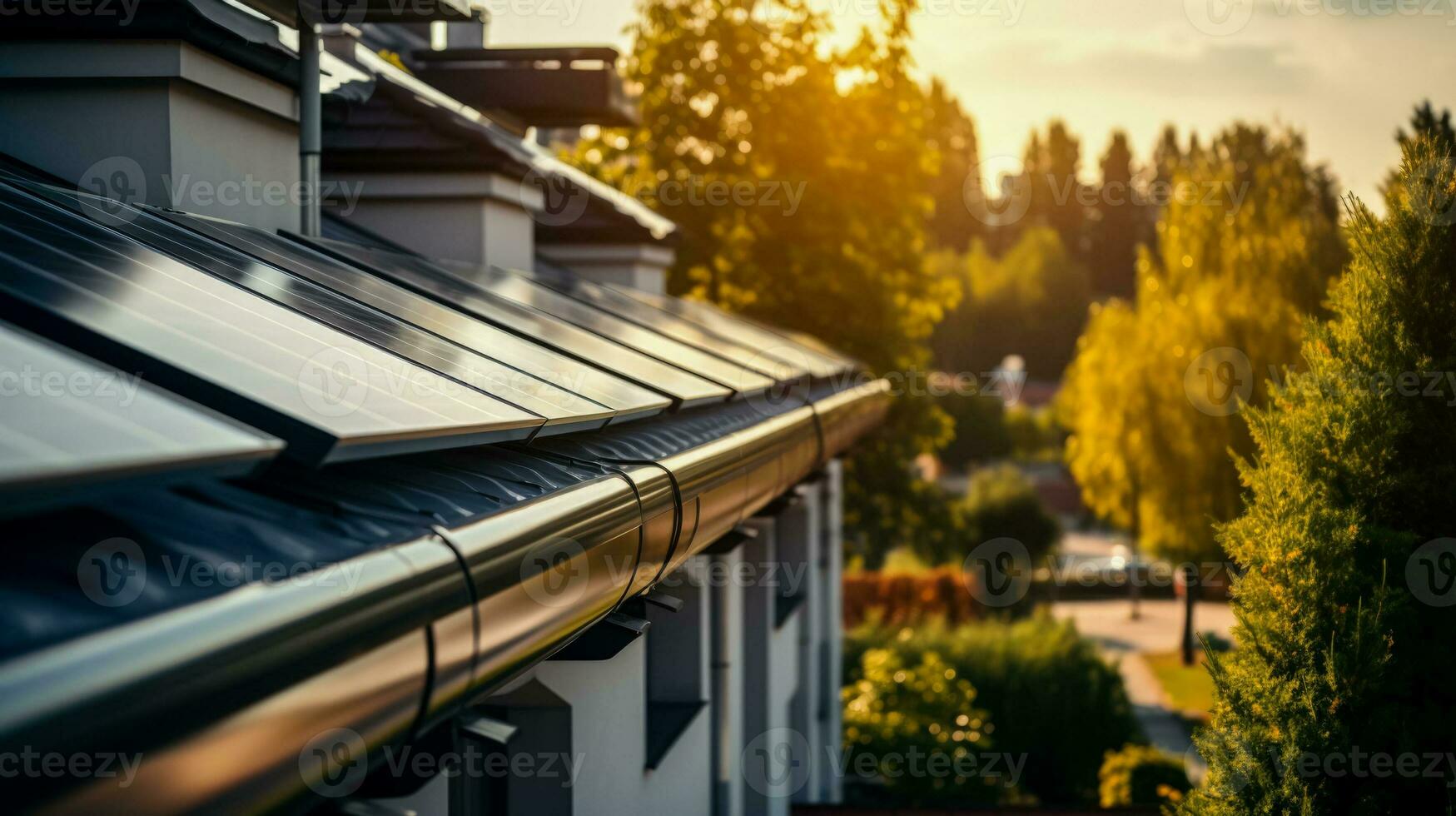 Solar water heaters on suburban homes background with empty space for text photo