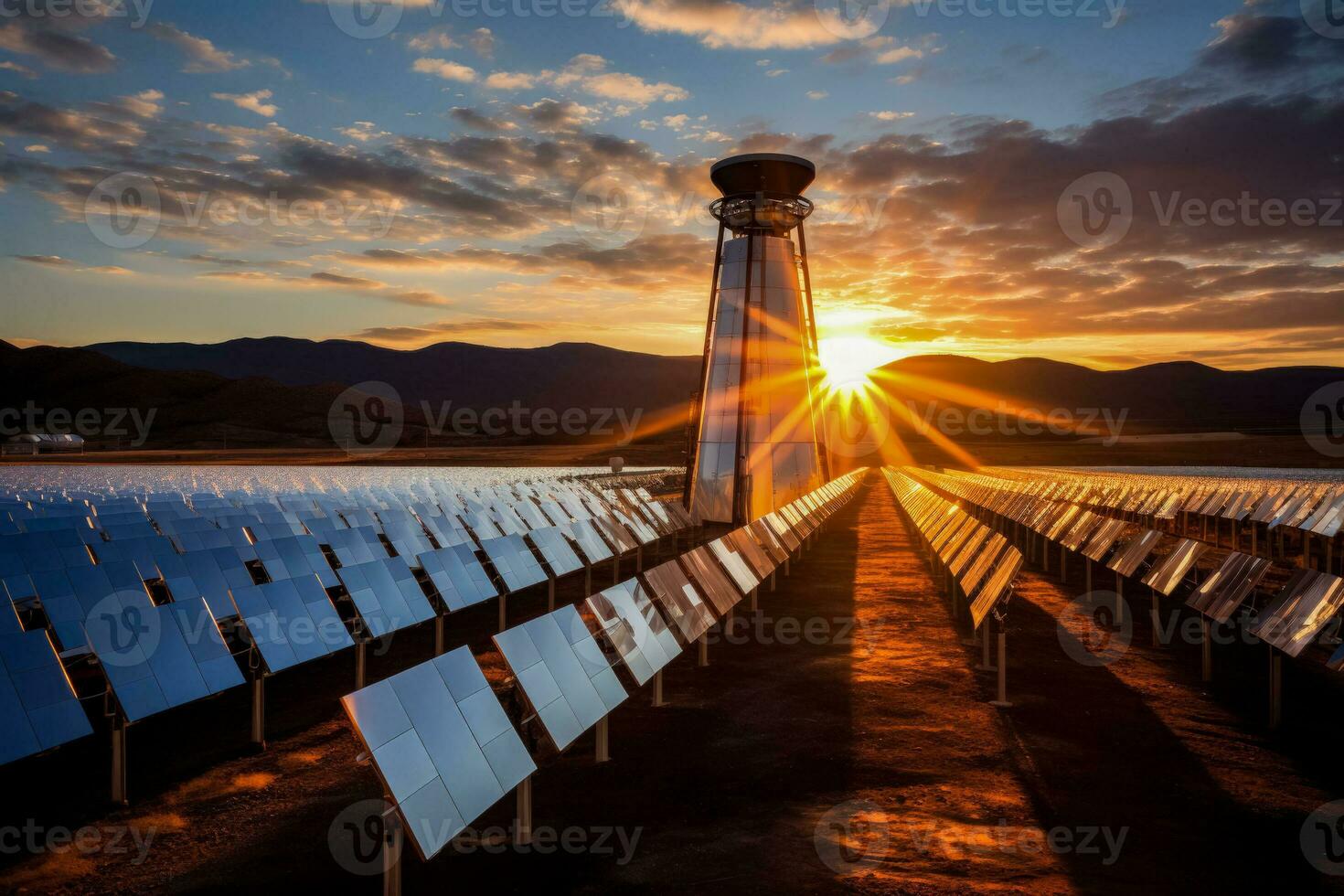 Solar power towers stoic guardians harnessing sunlight in a stark desert landscape photo