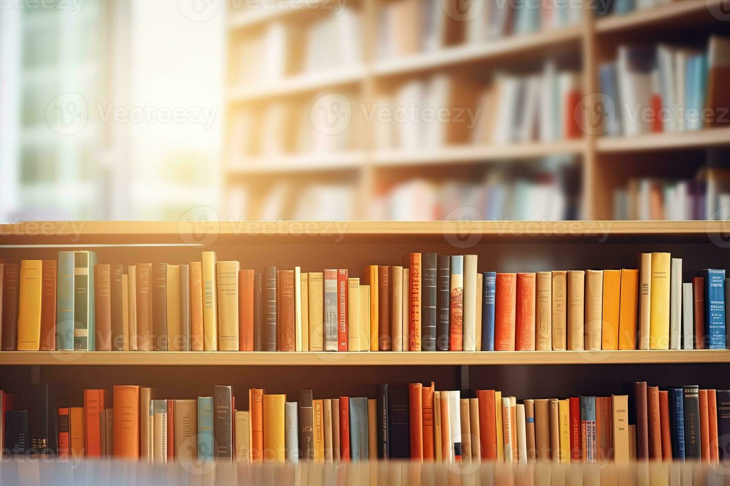 Abstract blurred library bookshelves full with books background photo