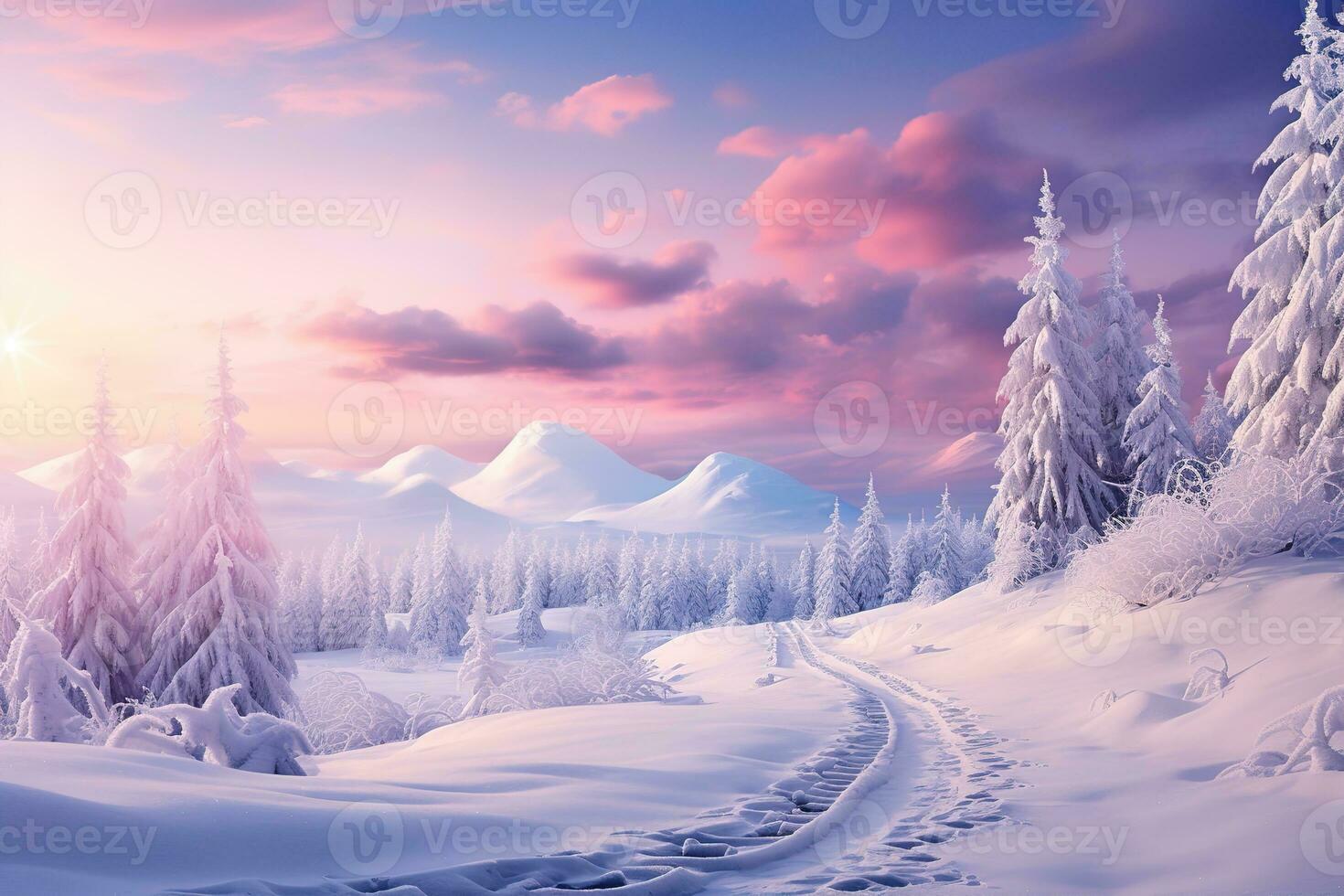 fabulous winter landscape, snowy forest, fir trees, mountains, pink clouds, dawn photo