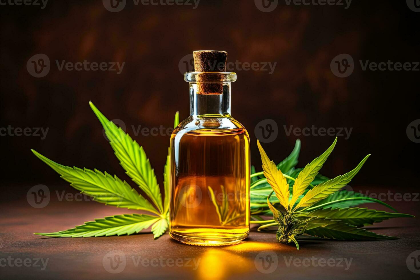 Transparent glass bottle with cork stopper with hemp oil among green marijuana leaves photo