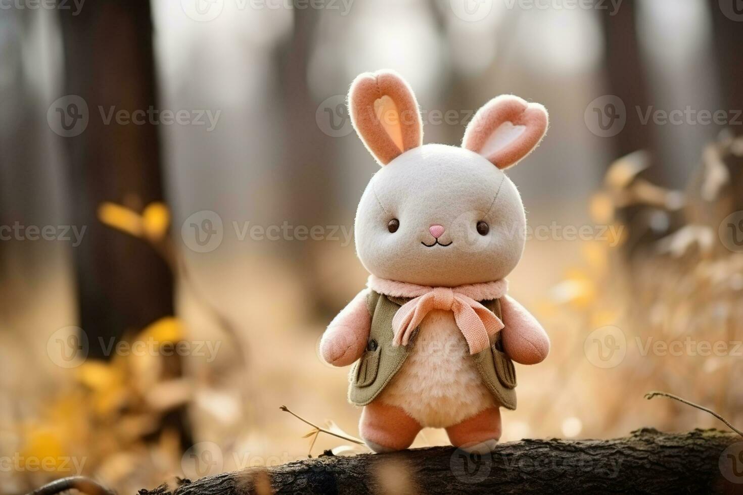 cute felt toy bunny in the autumn forest, generative ai photo