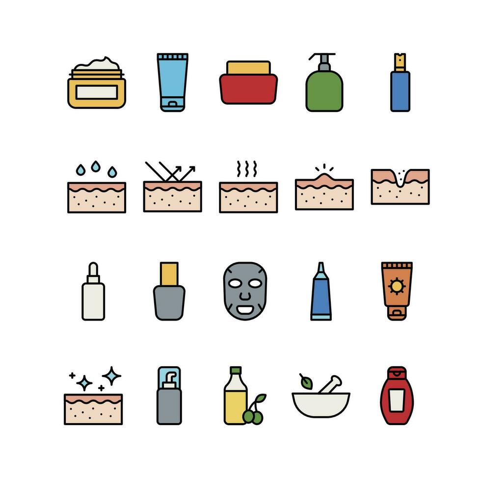 Skincare Filled outline icon set vector