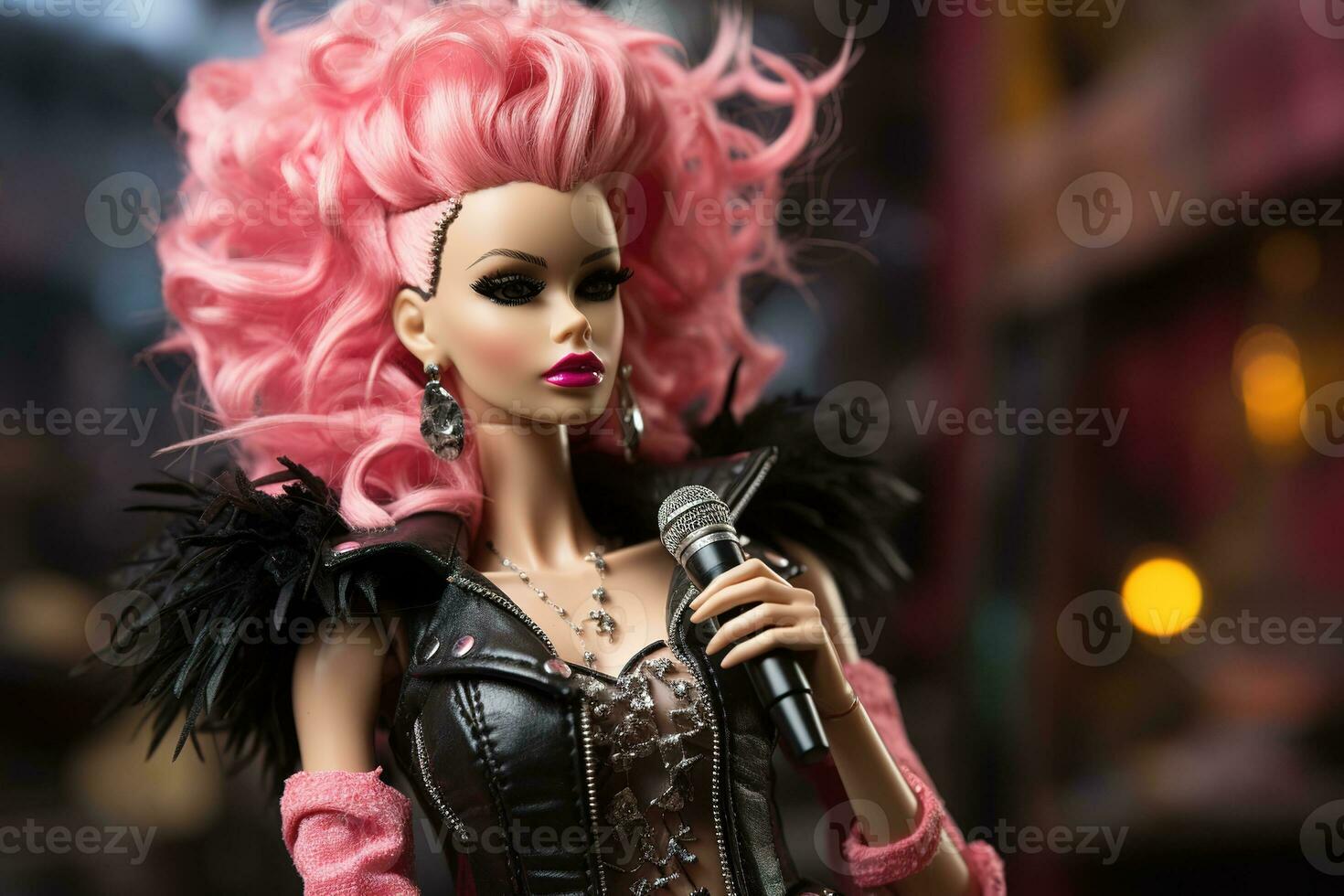 Doll with pink hair in punk clothes sings into a microphone, generative ai photo