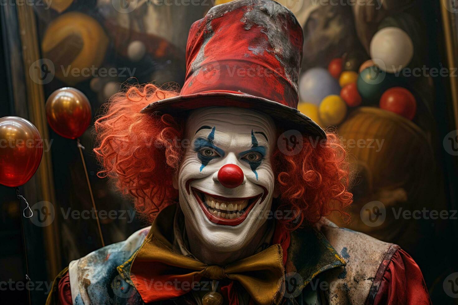 Scary smiling crazy clown in worn dirty clothes and red hat and top hat on a dark blurred background. Lie concept. Monster in funny suit photo