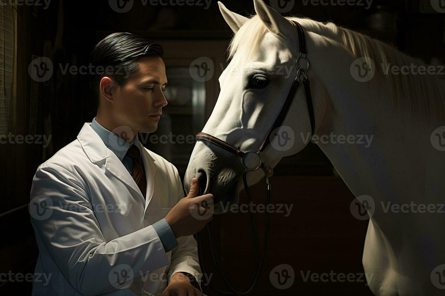 Young professional veterinarian in a white coat holding a horse by the lower part of its muzzle photo