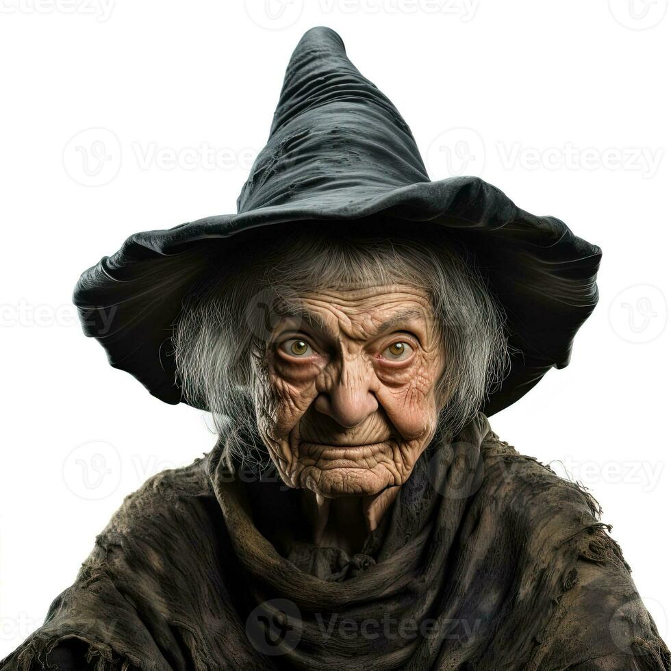 gray haired elderly wrinkled woman with short hair wearing a black witch costume, isolated on white. Halloween concept photo