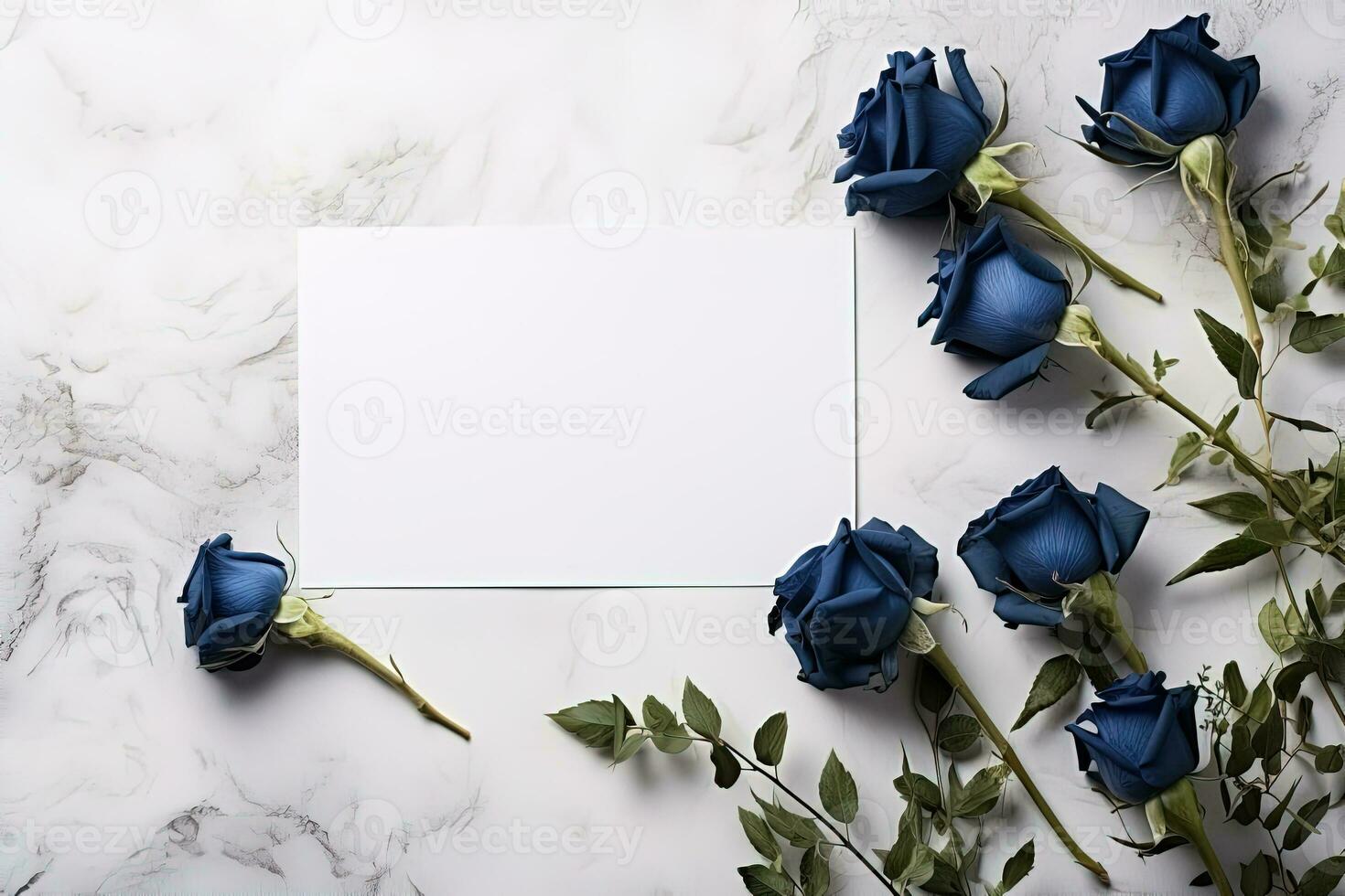 mockup white blank paper sheet with blue roses flowers top view, floral template empty card flat lay for design with copy space photo