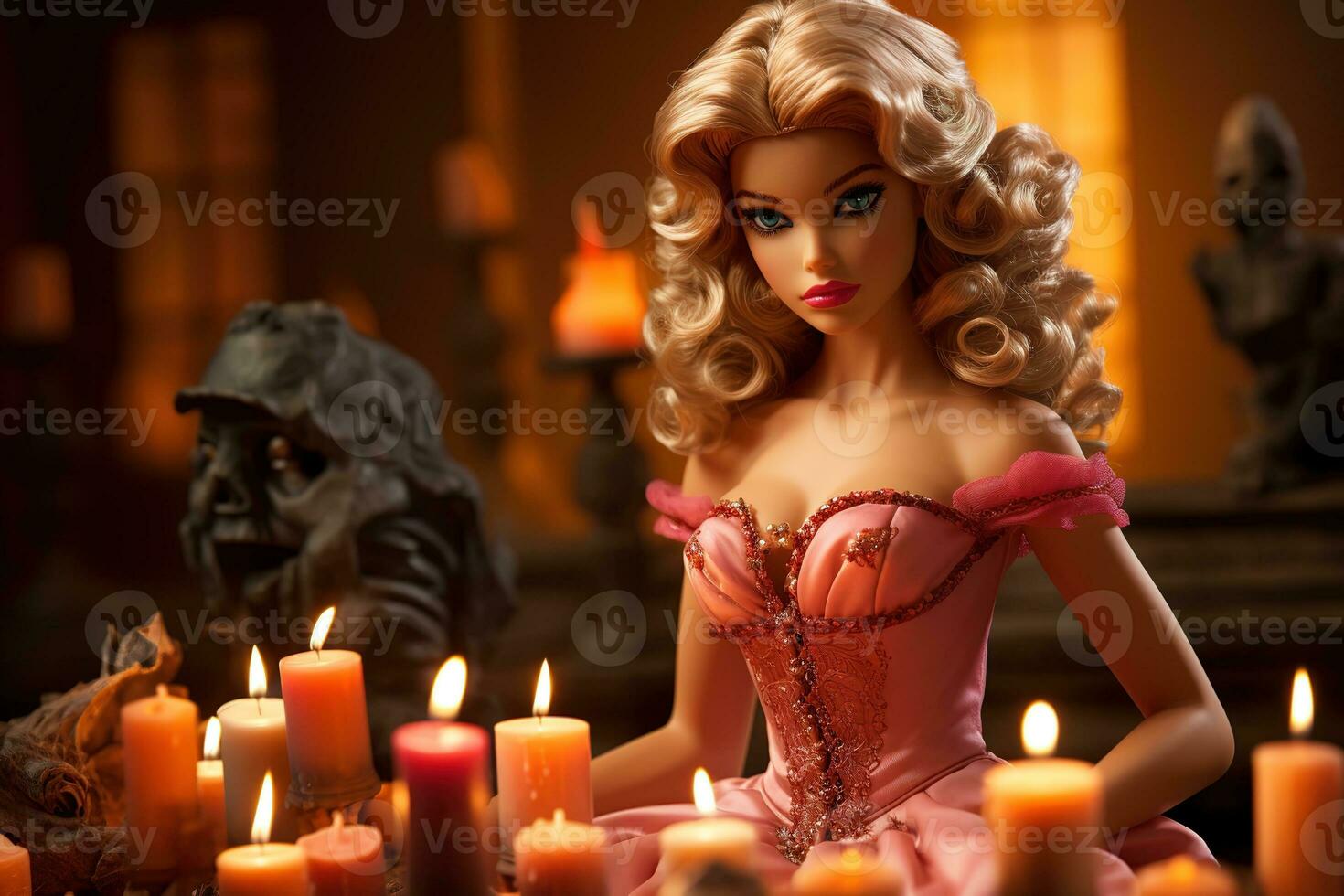 doll with blond hair in a beautiful pink dress among lit candles photo
