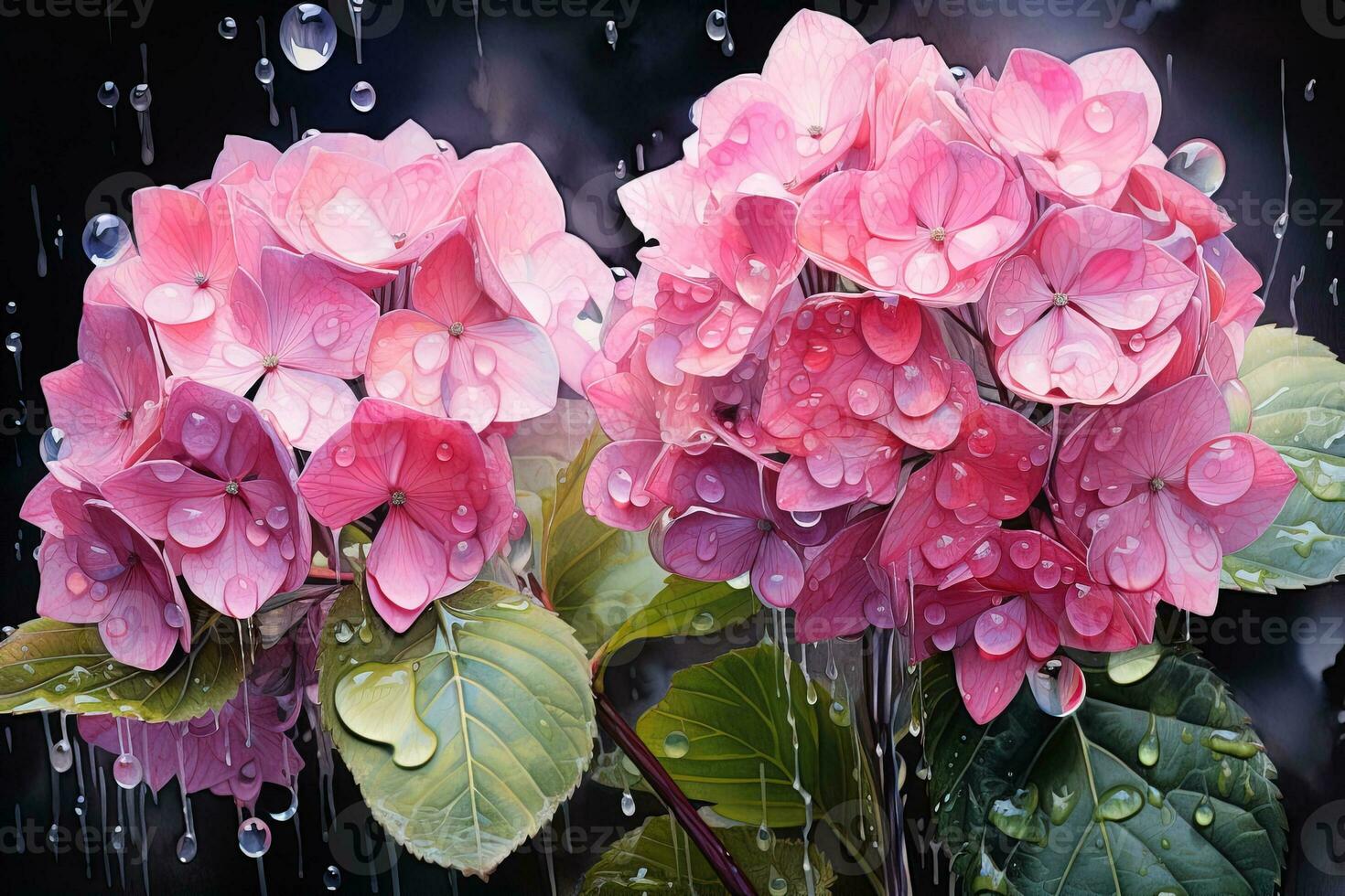 close up watercolor illustration of pink hydrangea flowers in the rain on a dark background photo