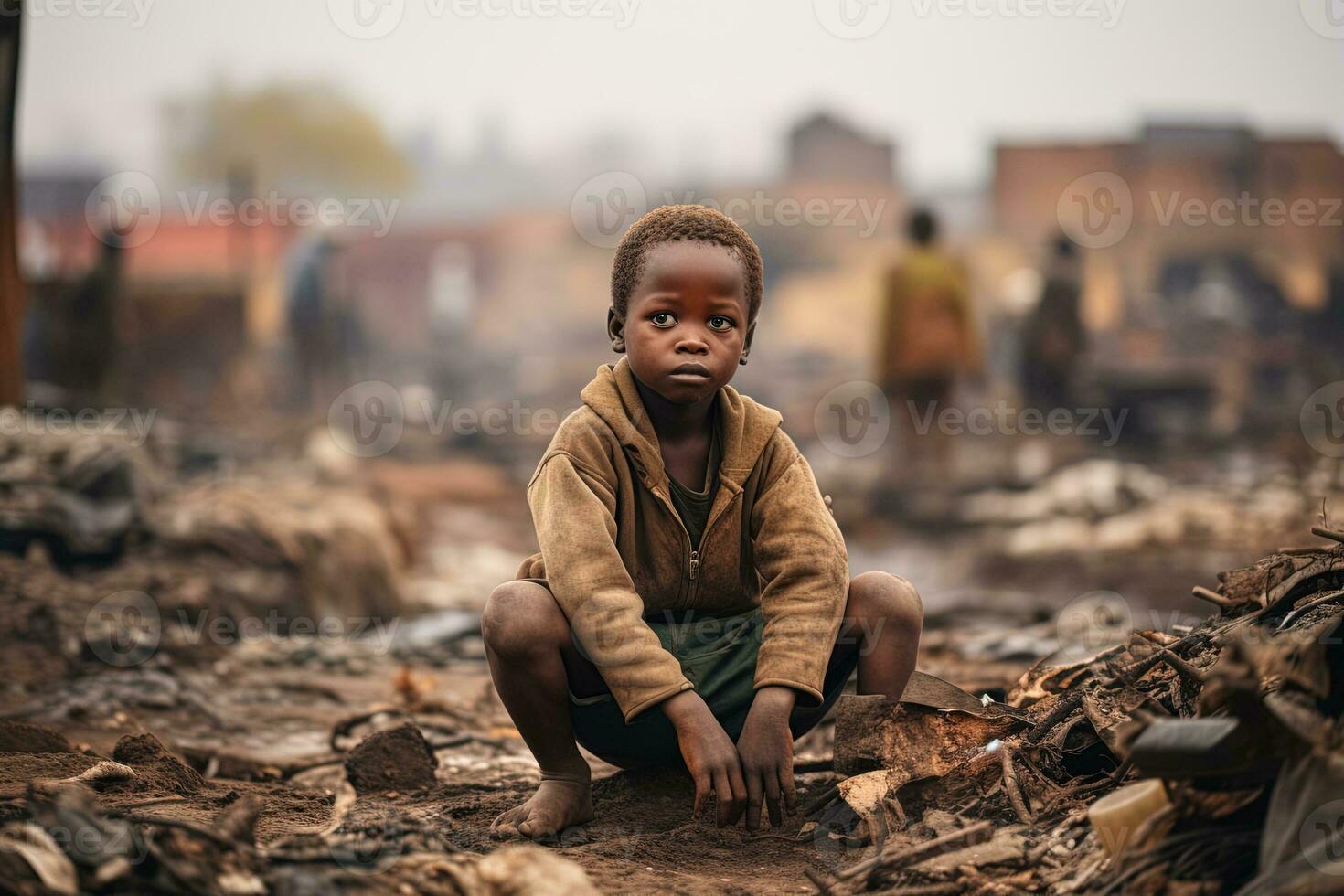 A sad African boy sits among a pile of industrial waste. slum poverty concept photo