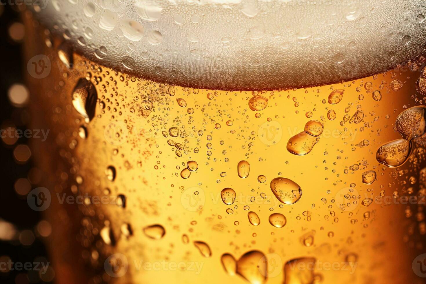Close up of a backlit glass of delicious golden beer covered with water drops. Bar background photo