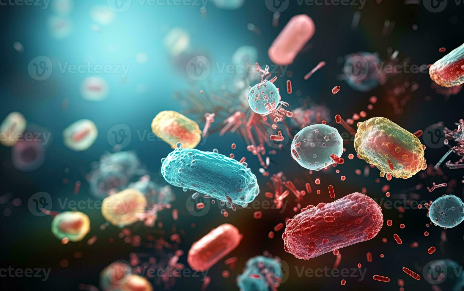 Medical vivid illustration with rounded microorganisms in blue color on blurred background photo